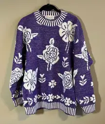 ✨ Vintage Glamour Knit Purple White Metallic Floral Crewneck Sweater