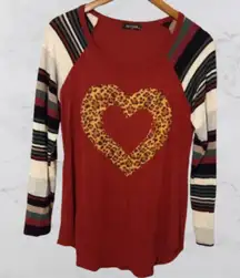 Zutter USA M Leopard Heart Long Striped Sleeve Raglan Long T-Shirt Top