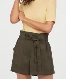 H&M Army Green High Rise Paperbag Shorts with Tie Size: 2