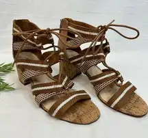 Nine West  Womens Open Toe Strappy Sandals Cork Block Heel Brown White Size 9.5M