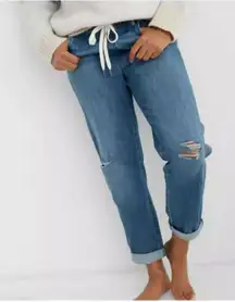 Aerie Easy Denim Drawstring + Elastic Waist  Distressed Jeans Boyfriend Sz Large