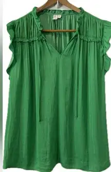 Shirt Green Ruffle Flutter Sleeveless Silk Blouse Plus Size 1X