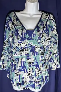 Emma James Blue White Pleated Beaded Necklace 3/4 Sleeve Blouse Top Size XL