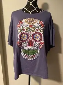 EUC Hasta Siempre Purple and White Sugar Skull Day Of The Dead Graphic Tee XXL