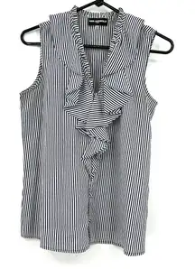 Karl Lagerfeld Size Small Sleeveless Ruffle Collar Blouse Black‎ White Pinstripe