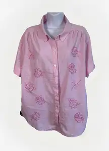 Vintage Bon Worth Womens 2pc Capri Set Pink White Strip  Embroidery Flowers LP