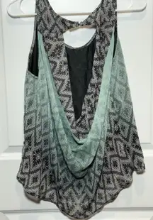 Y2K Teal Flowy Black Top Tank Medium‎ Open Back Shirt Blouse Geometric Pattern