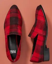 Paige  Anthropologie Madison Plaid Loafers Red Black Suede Size 8