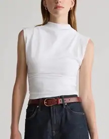 NWOT Quince Mock Neck Sleeveless White Tank Top Side Ruching Sz Medium