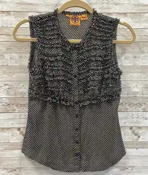Tory Burch Womens‎ 2 Blouse Sleeveless 100% Silk Snap Button Black + Beige Dots
