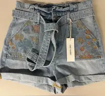 New driftwood sz 29/8 paper bag high rise belted floral embroidered shorts