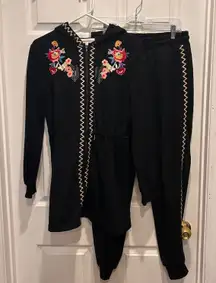 Anthropologie Solitaire‎ Black Floral Embroidered Hoodie Jogger Set Size Large