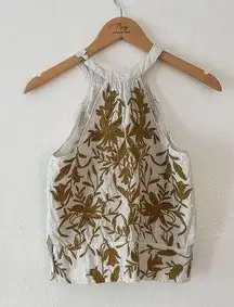 Vanessa Virginia Top Halter White Linen Embroidered In Gold small