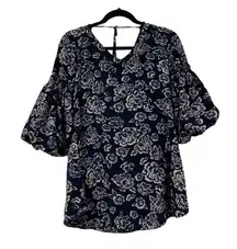 Available by Angela Fashion Womens Blue Floral Top With Billowing Sleeves