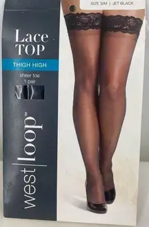 West Loop lace top thigh high stockings, jet‎ black, size S/M