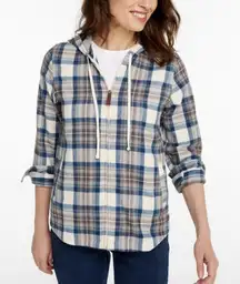 LL Bean Blue Ivory Scotch Plaid Zip Up Flannel Hoodie Pockets Shirt XL PETITE