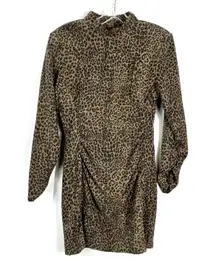 Corduroy Animal Print Leopard Long Sleeve Ruched Bodycon Dress Small S