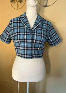 John Galt Blue Plaid Cropped Button Front Top One Size (XS / S)