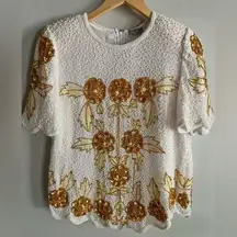 Vintage Silk Beaded Sequin Floral Top White Gold 80s Party Blouse Sz S formal