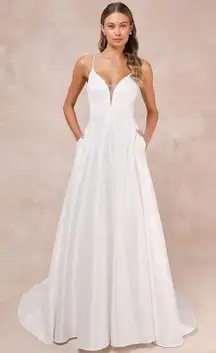 Lulus Exceptional Passion White Satin Cutout Maxi Wedding Dress W/ Pockets Sz M