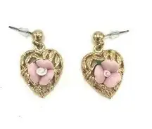 Pink Mini Rose Rosette Flower Gold Tone Small Dangle Earrings