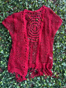 Umgee USA Women's Red Crochet Knit Short Sleeve Fringe Cardigan Size XL