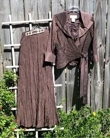 Victor Costa Chocolate Brown Crinkle Texture Wrap Top Evening Jacket w/skirt