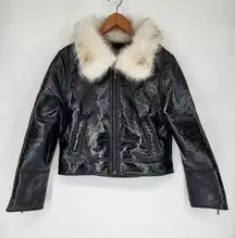 Unreal Fur Wet Look Aviator Jacket in Black Size Medium