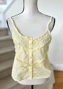 Vintage 90s Yellow Cotton Floral Embroidered Ruffle Button Corset Tank Top