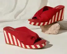Vivaia Laura square-toe wedge sandals in ruby red striped platform sz 35