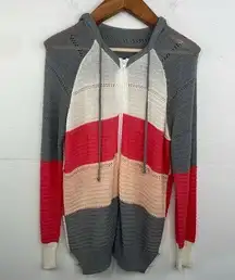 Colorful Striped Lightweight Front Zipper Sweater with Hood long sleeves Large