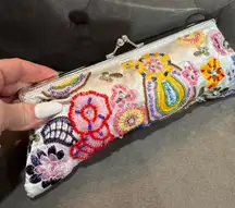 VINTAGE White Embroidered Beaded Evening Bag