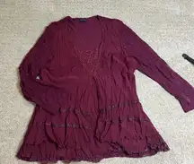 Panitti Women’s Large Burgundy Crinkle Layered Lace Long Sleeve Blouse Tunic