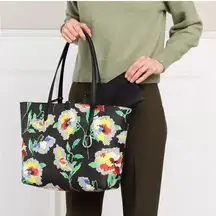 L. Ralph Lauren Large Reversible Tote Bag Black/Floral Pouch Handbag NEW $178