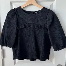 Zara Puff Sleeve Black Crinkle Crop Top Pearl Embellished Buttons Ruffle Size M