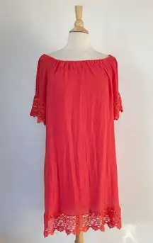 Solid Red Short Sleeve Crochet Accent Off The Shoulder Flowy Shift Dress