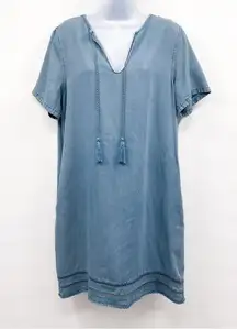 Light Wash Chambray Denim Look Tassel Tunic Midi Dress Medium Velvet Heart