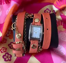 La Mer Coral Silver Toned Wrap Watch with Gold Chain + Charms accents