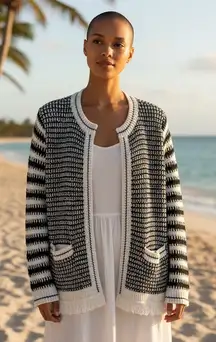 Talbots Black White Striped Knit Open Front Fringe Cardigan Sweater Women's L