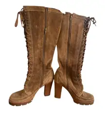 Y2K CHUNKY BROWN SUEDE LACE UP KNEE HIGH MK HEELED‎ BOOTS US SIZE 9