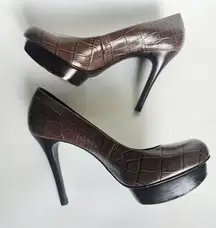 Tory Burch US 8 Brown Croc Embossed Leather Pumps Wood Platform Heel