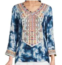 John Mark Women's Embroidered V-Neck Tunic Top Blue Tie Dye Size L