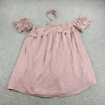 UMGEE Womens Top Medium Pink Lace‎ Trim Off the Shoulder Halter Tie Neck