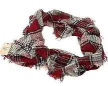 NWT  G.H. Bass & Co Gauze Plaid Infinity Scarf With Fringe Red Black White