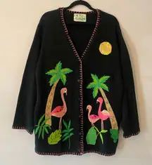 The Quacker Factory Black Knit Flamingo Sequin Tropical Cardigan Sweater 2XL