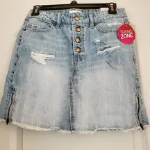 Bongo light wash denim skirt distressed button zip