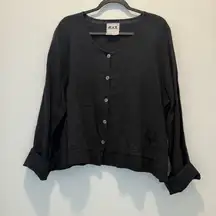 Flax Button Front Blouse Womens size L Black Linen Long Sleeve Peplum Top