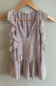 MADEWELL Women's Small 100% Silk Lily Ruffle Top in Echo Grid‎ Blouse Tas…