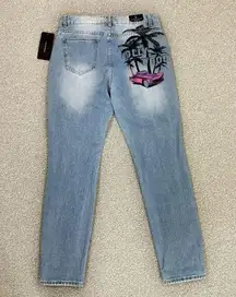 American Bazi Distressed Boyfriend Jeans Hollywood Graffiti Blue Large