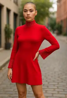 International Concepts INC red studded body con long sleeve mock neck dress